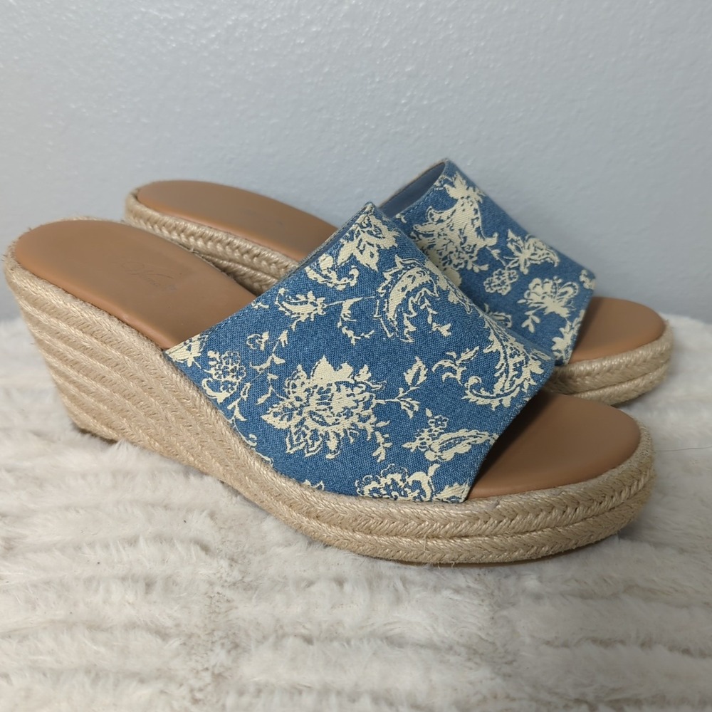 PIONEER WOMAN Mariela blue floral canvas‎ espadrille wedge slide sandals Size 9
